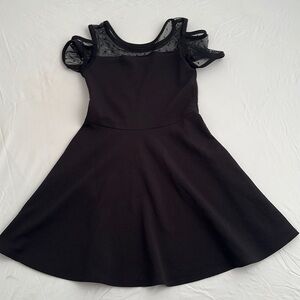 Couture black fit and flare Swiss dot mesh neckline and cold shoulder sleeves